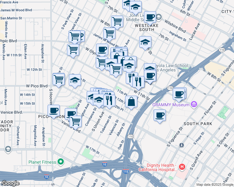 map of restaurants, bars, coffee shops, grocery stores, and more near 1541 West 11th Place in Los Angeles