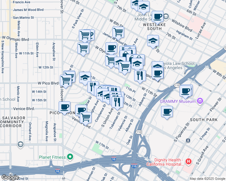 map of restaurants, bars, coffee shops, grocery stores, and more near 1622 West 11th Place in Los Angeles