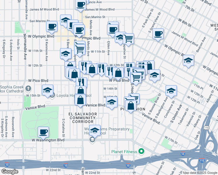 map of restaurants, bars, coffee shops, grocery stores, and more near 2308 West Pico Boulevard in Los Angeles