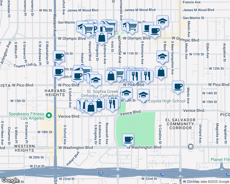 map of restaurants, bars, coffee shops, grocery stores, and more near 2800 West Pico Boulevard in Los Angeles