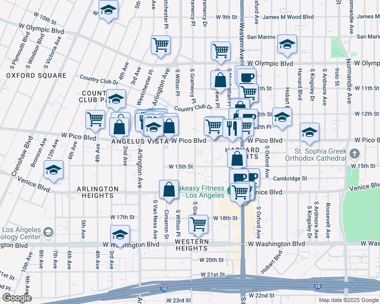 map of restaurants, bars, coffee shops, grocery stores, and more near 3260 West Pico Boulevard in Los Angeles