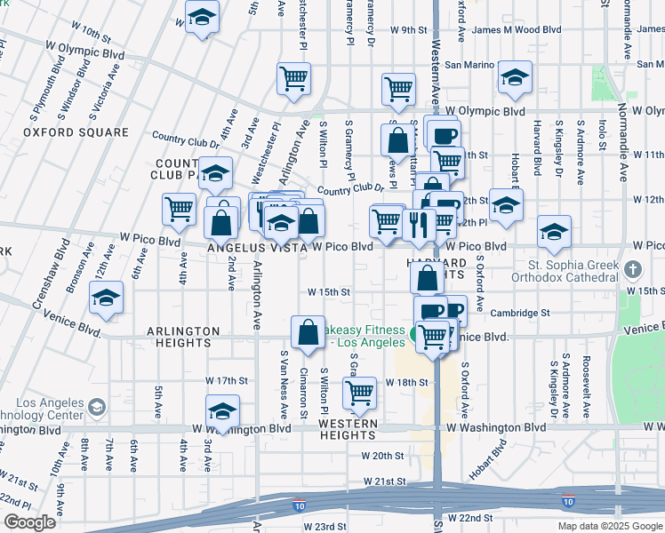 map of restaurants, bars, coffee shops, grocery stores, and more near 3260 West Pico Boulevard in Los Angeles