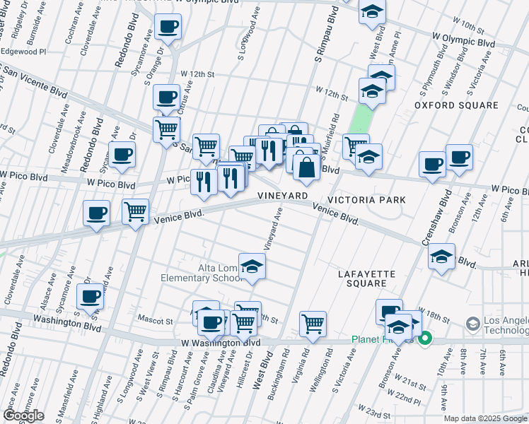 map of restaurants, bars, coffee shops, grocery stores, and more near 4614 Venice Boulevard in Los Angeles
