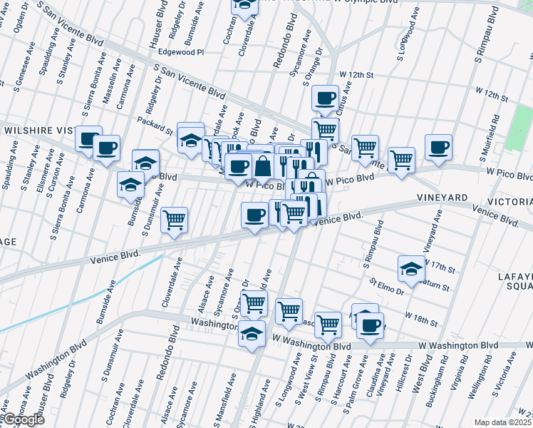 map of restaurants, bars, coffee shops, grocery stores, and more near 1426 South Orange Drive in Los Angeles
