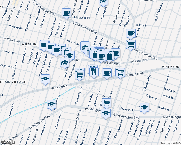 map of restaurants, bars, coffee shops, grocery stores, and more near 1449 Meadowbrook Avenue in Los Angeles