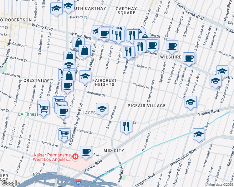 map of restaurants, bars, coffee shops, grocery stores, and more near 1632 Hi Point Street in Los Angeles