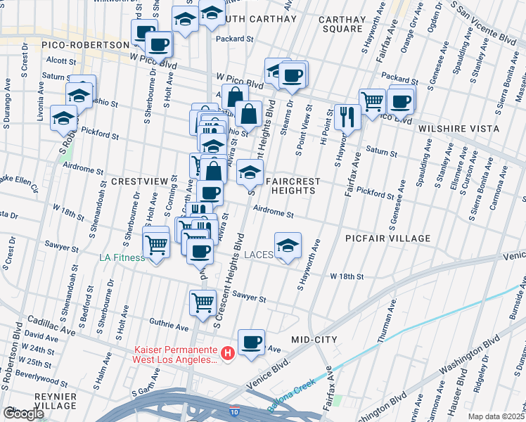 map of restaurants, bars, coffee shops, grocery stores, and more near 1638 Stearns Drive in Los Angeles
