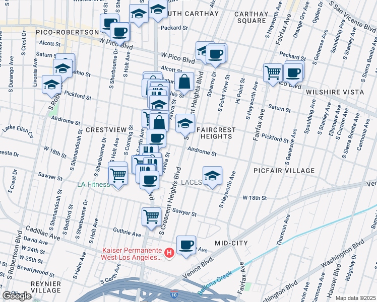 map of restaurants, bars, coffee shops, grocery stores, and more near 1661 South Crescent Heights Boulevard in Los Angeles