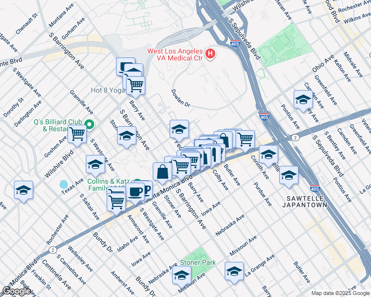 map of restaurants, bars, coffee shops, grocery stores, and more near 1415 Colby Avenue in Los Angeles