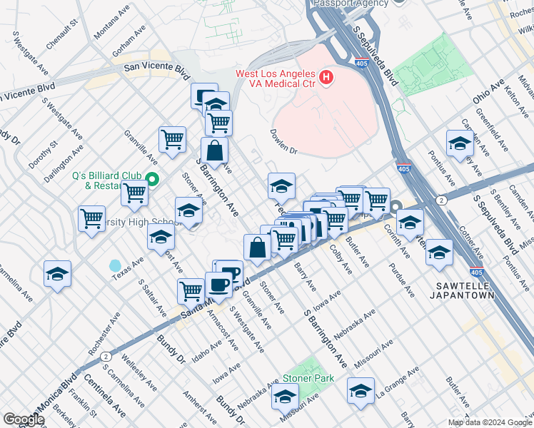 map of restaurants, bars, coffee shops, grocery stores, and more near 11600 Rochester Avenue in Los Angeles