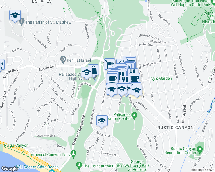 map of restaurants, bars, coffee shops, grocery stores, and more near 872 Radcliffe Avenue in Los Angeles