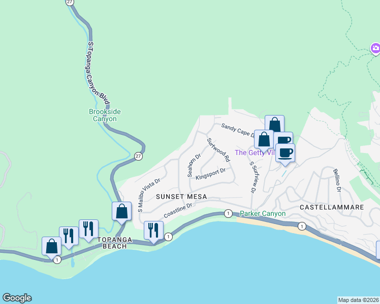 map of restaurants, bars, coffee shops, grocery stores, and more near 3602 Shoreheights Drive in Malibu