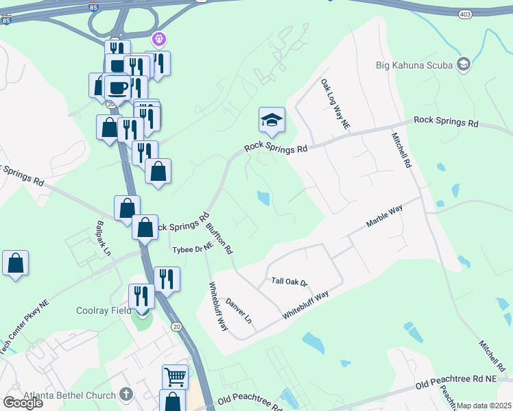 map of restaurants, bars, coffee shops, grocery stores, and more near 1375 Rock Springs Road in Buford