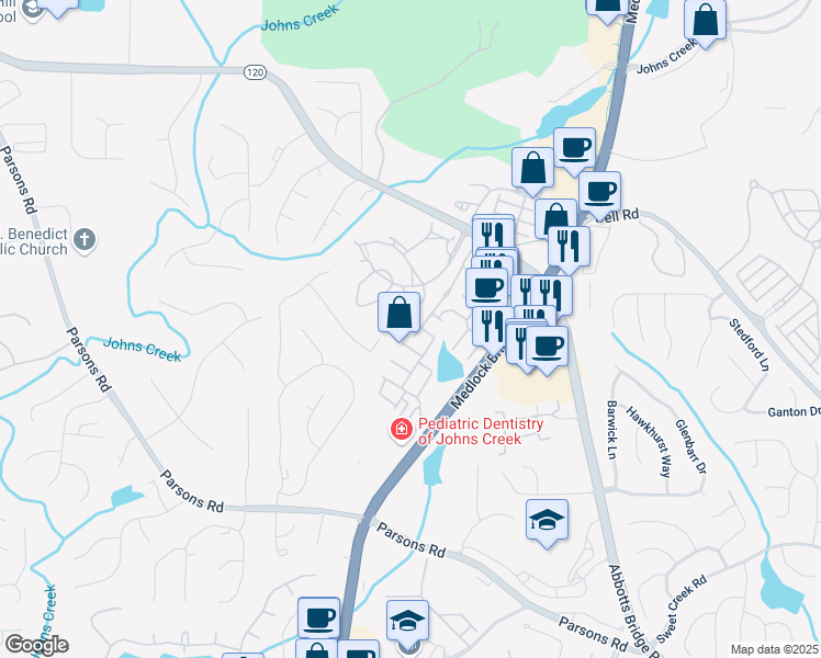map of restaurants, bars, coffee shops, grocery stores, and more near 10740 Brunson Drive in Duluth