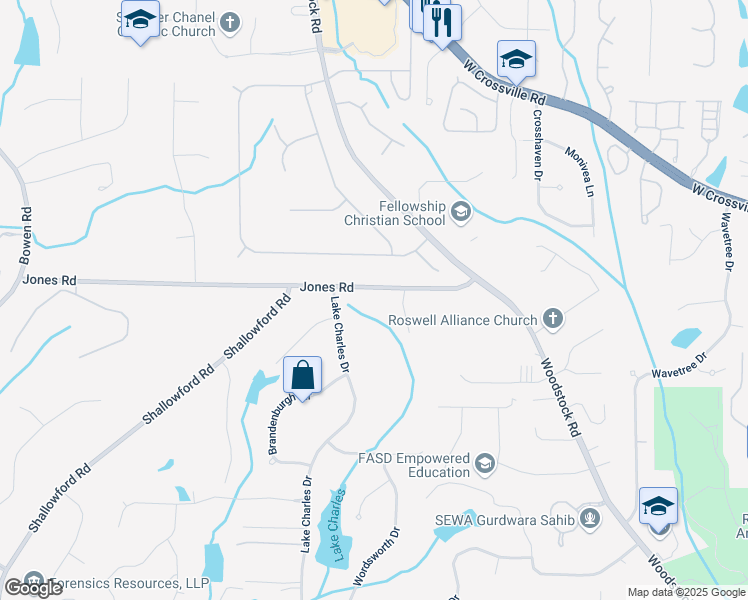 map of restaurants, bars, coffee shops, grocery stores, and more near 650 Jones Road in Roswell
