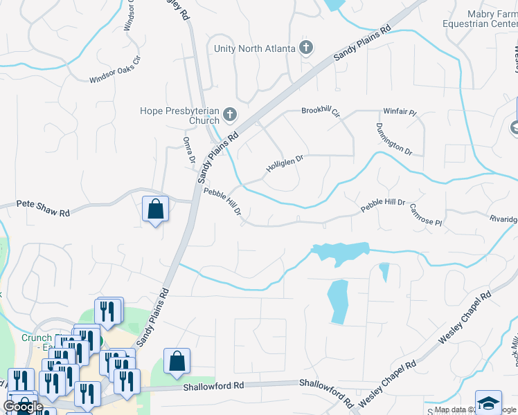 map of restaurants, bars, coffee shops, grocery stores, and more near 3394 Brandon Hall Way in Marietta