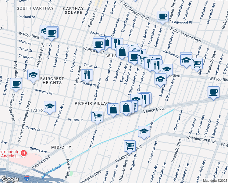 map of restaurants, bars, coffee shops, grocery stores, and more near 5612 Pickford Street in Los Angeles