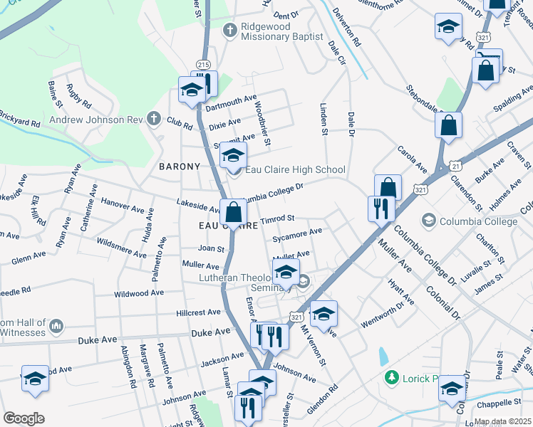 map of restaurants, bars, coffee shops, grocery stores, and more near 903 Timrod Street in Columbia