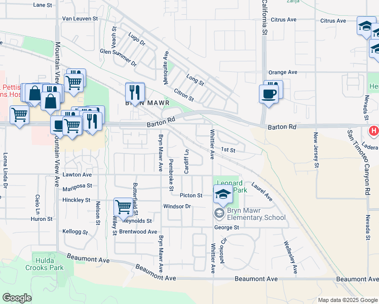 map of restaurants, bars, coffee shops, grocery stores, and more near 11407 Cardiff Lane in Loma Linda