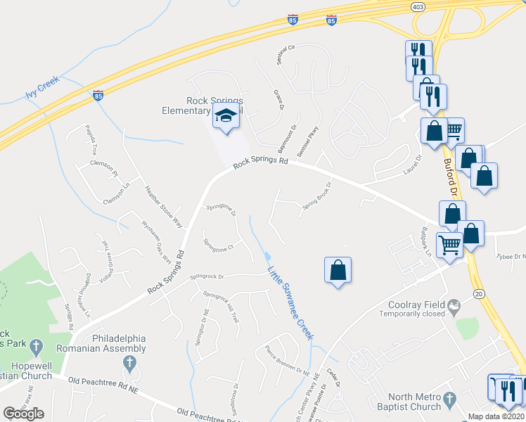 map of restaurants, bars, coffee shops, grocery stores, and more near 964 Crossing Rock Drive in Lawrenceville