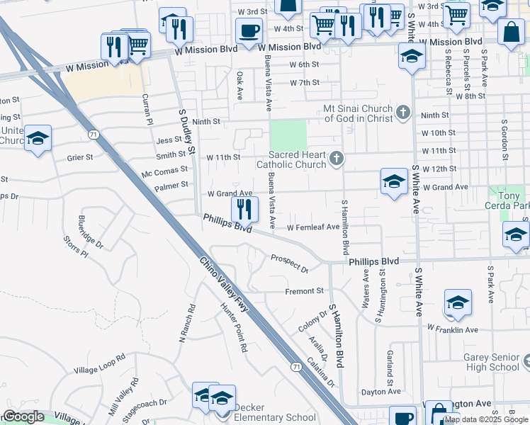 map of restaurants, bars, coffee shops, grocery stores, and more near 1363 Buena Vista Avenue in Pomona