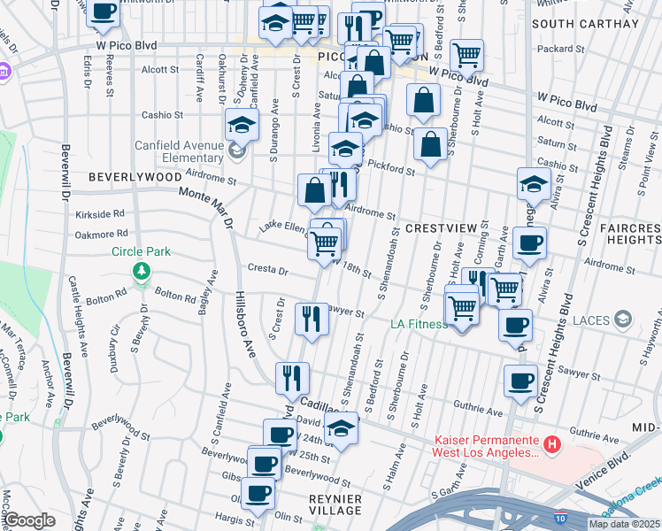 map of restaurants, bars, coffee shops, grocery stores, and more near 1792 South Robertson Boulevard in Los Angeles