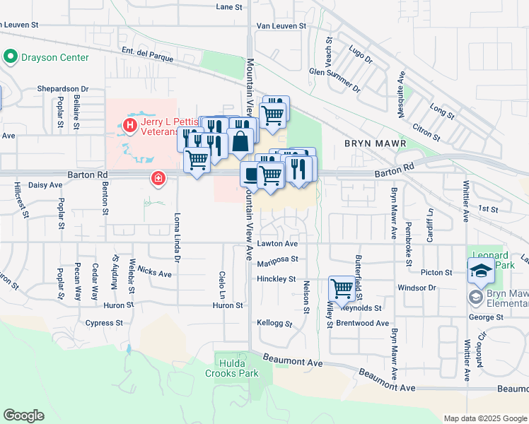 map of restaurants, bars, coffee shops, grocery stores, and more near 25762 Sunrise Way in Loma Linda