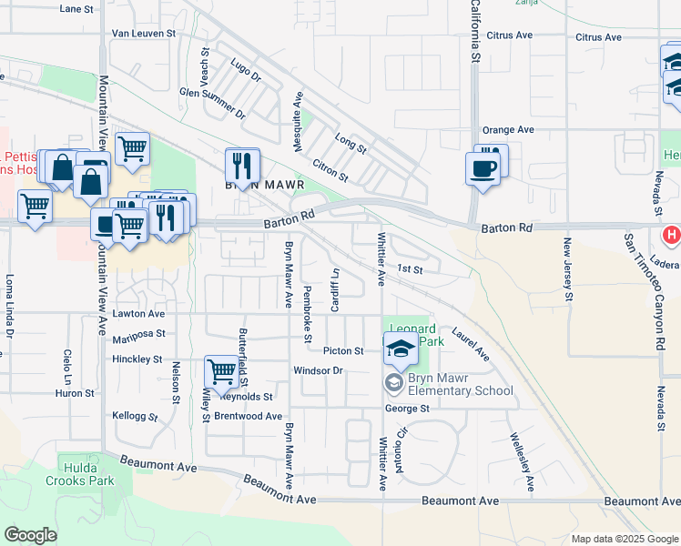 map of restaurants, bars, coffee shops, grocery stores, and more near 11407 Cardiff Lane in Loma Linda