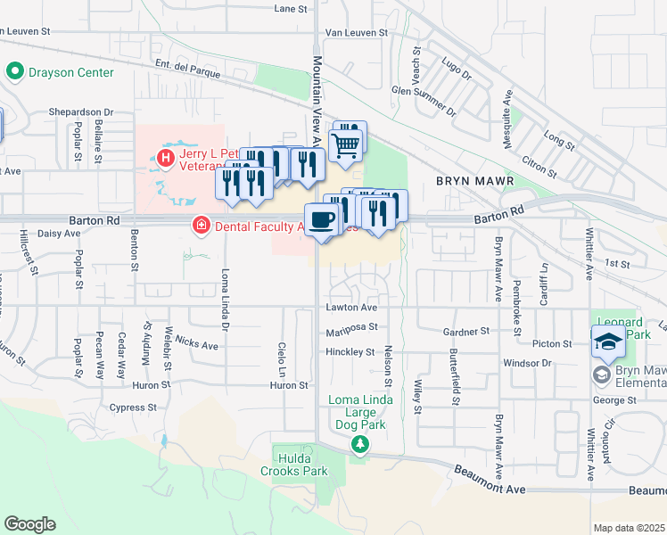 map of restaurants, bars, coffee shops, grocery stores, and more near 25762 Sunrise Way in Loma Linda