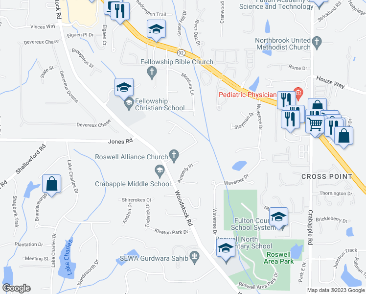 map of restaurants, bars, coffee shops, grocery stores, and more near 1115 Allenbrook Lane in Roswell