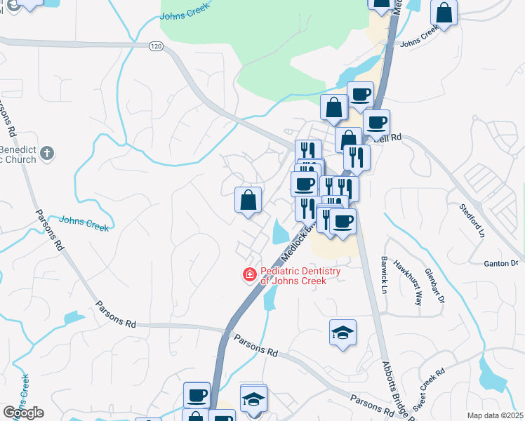 map of restaurants, bars, coffee shops, grocery stores, and more near 6115 Abbotts Bridge Road in Duluth