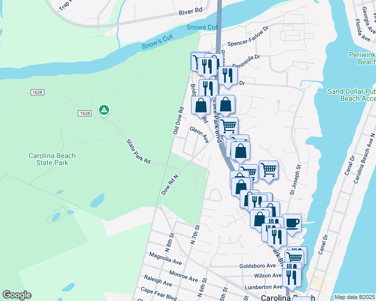 map of restaurants, bars, coffee shops, grocery stores, and more near 810 Blanche Avenue in Carolina Beach