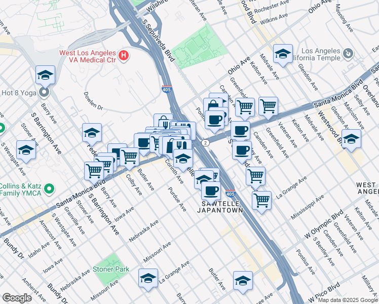 map of restaurants, bars, coffee shops, grocery stores, and more near 11250 Santa Monica Boulevard in Los Angeles