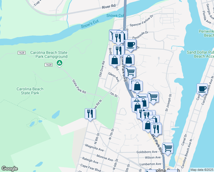 map of restaurants, bars, coffee shops, grocery stores, and more near 704 Elton Avenue in Carolina Beach