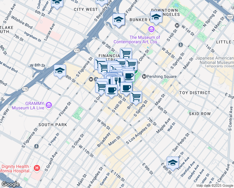 map of restaurants, bars, coffee shops, grocery stores, and more near 433 West 7th Street in Los Angeles