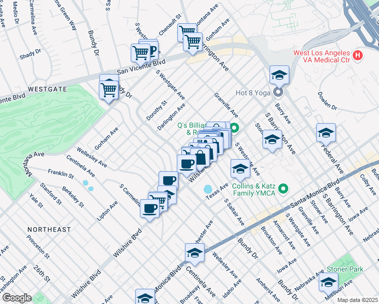 map of restaurants, bars, coffee shops, grocery stores, and more near 12023 Goshen Avenue in Los Angeles