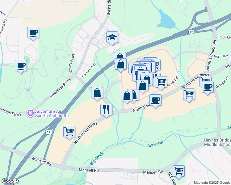 map of restaurants, bars, coffee shops, grocery stores, and more near 200 North Point Center East in Alpharetta
