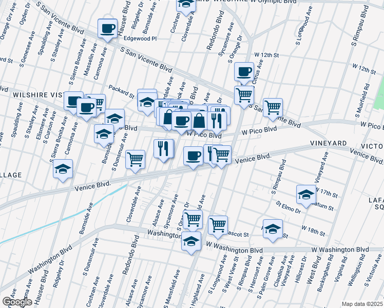 map of restaurants, bars, coffee shops, grocery stores, and more near 1500 South Sycamore Avenue in Los Angeles
