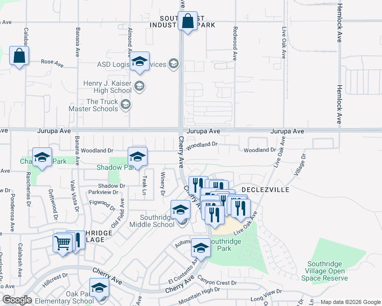 map of restaurants, bars, coffee shops, grocery stores, and more near in Fontana