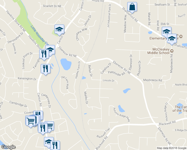 map of restaurants, bars, coffee shops, grocery stores, and more near 3920 Bellair Drive in Marietta