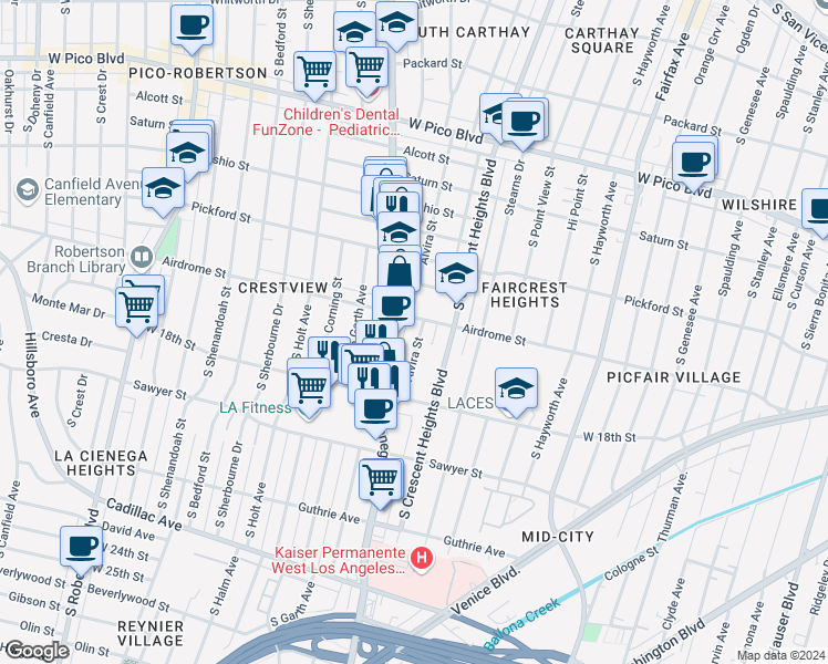 map of restaurants, bars, coffee shops, grocery stores, and more near 1717 Alvira Street in Los Angeles
