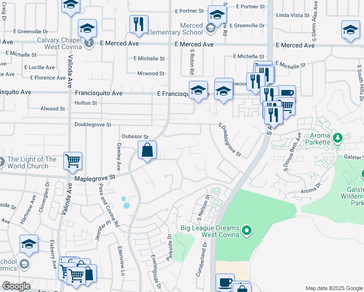 map of restaurants, bars, coffee shops, grocery stores, and more near 17028 Dubesor Street in La Puente