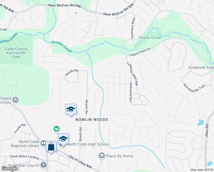 map of restaurants, bars, coffee shops, grocery stores, and more near 3821 Seattle Place Northwest in Kennesaw