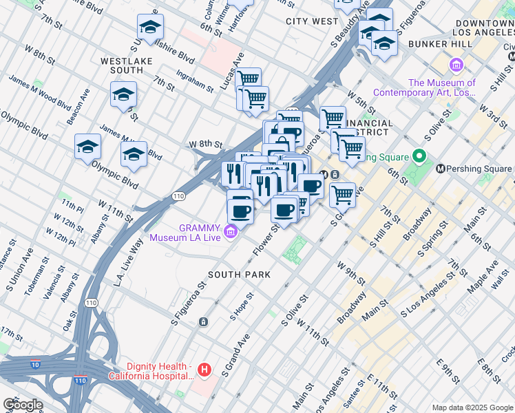 map of restaurants, bars, coffee shops, grocery stores, and more near 865 South Figueroa Street in Los Angeles