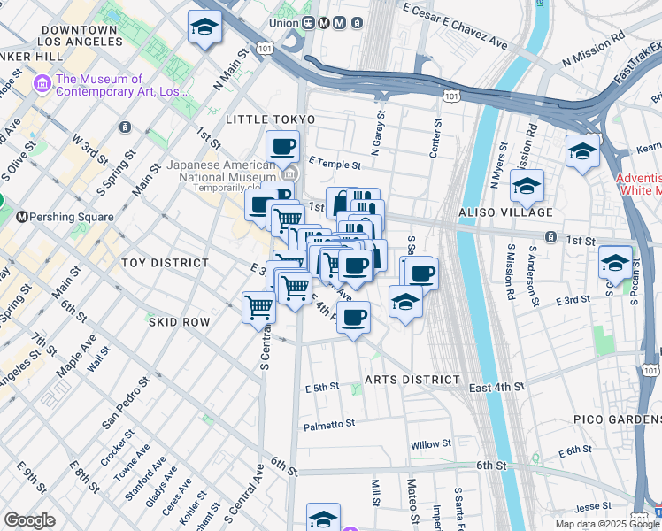 map of restaurants, bars, coffee shops, grocery stores, and more near 629 Traction Avenue in Los Angeles