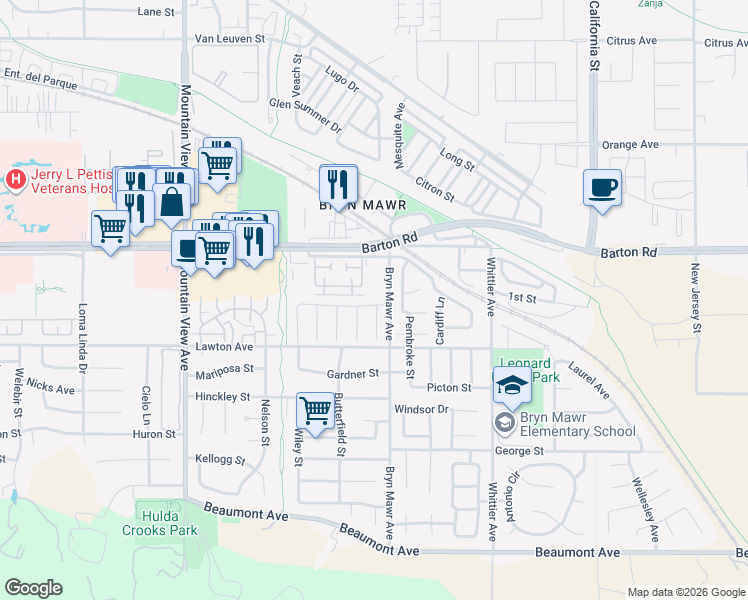 map of restaurants, bars, coffee shops, grocery stores, and more near 26066 Vía Oro in Loma Linda