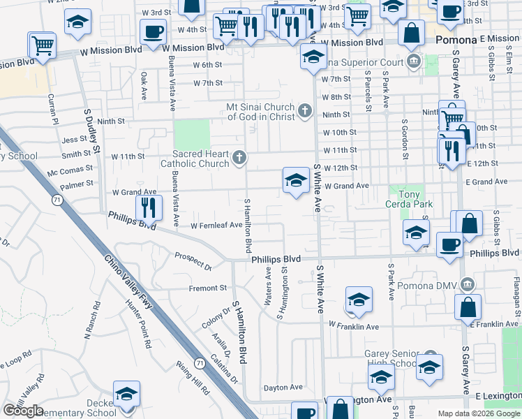 map of restaurants, bars, coffee shops, grocery stores, and more near 1031 Friar Lane in Pomona