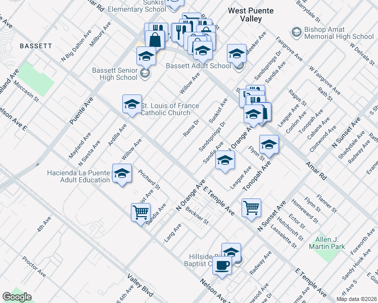 map of restaurants, bars, coffee shops, grocery stores, and more near 652 Sunkist Avenue in La Puente
