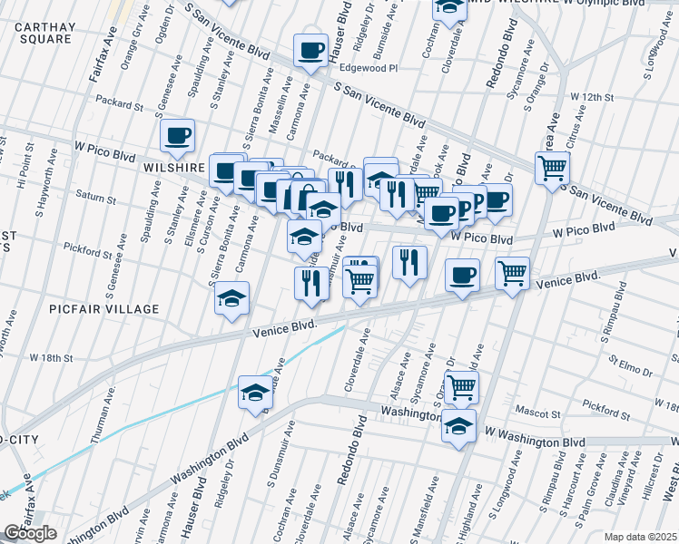 map of restaurants, bars, coffee shops, grocery stores, and more near 1445 South Dunsmuir Avenue in Los Angeles