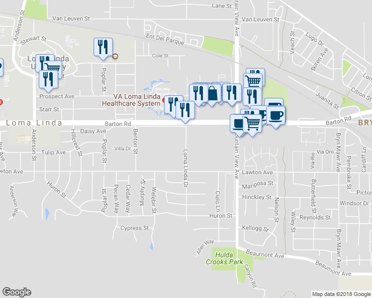 map of restaurants, bars, coffee shops, grocery stores, and more near 11399 Loma Linda Drive in Loma Linda